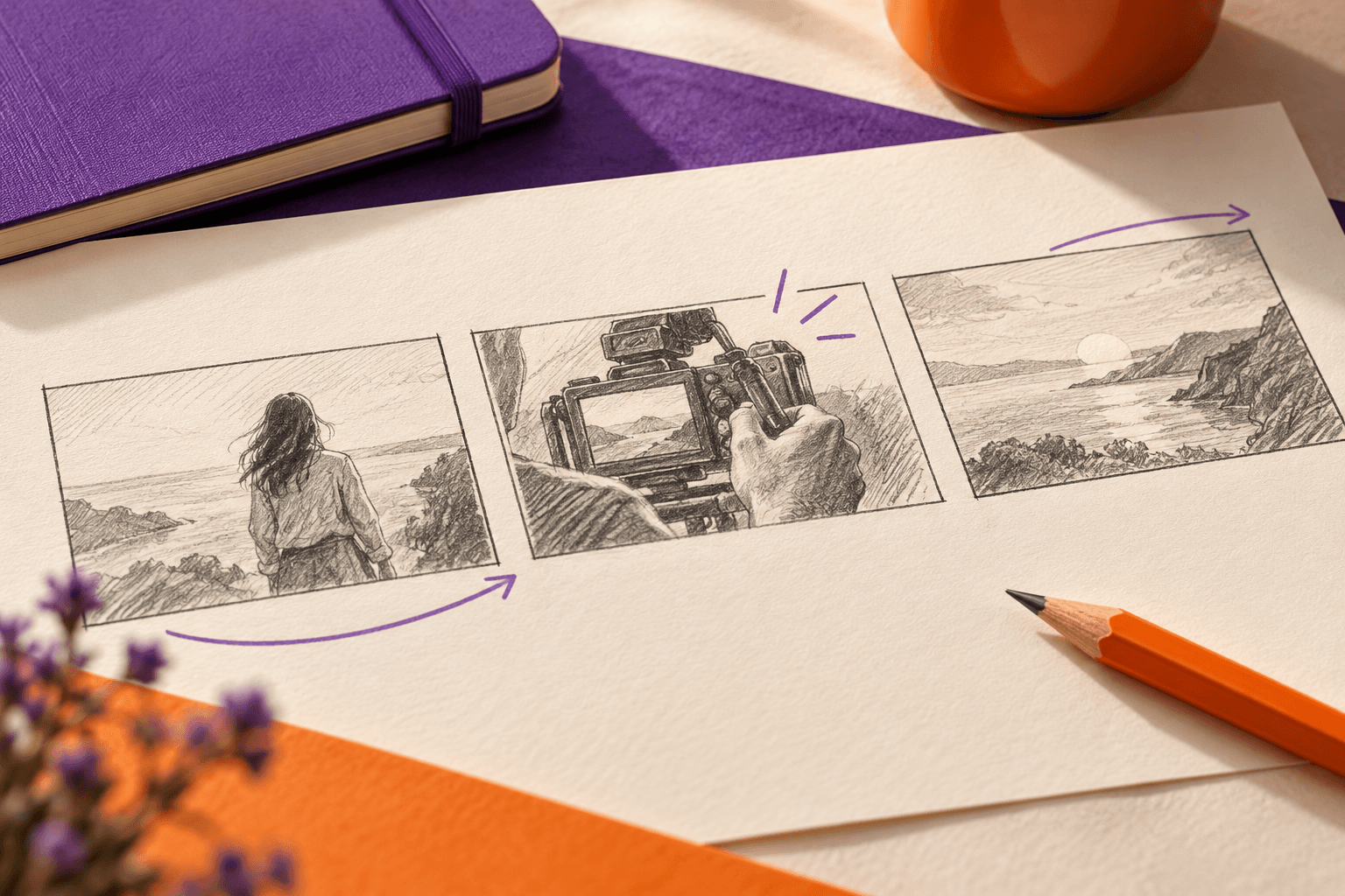 Storyboard e materiais de planeamento de um vídeo